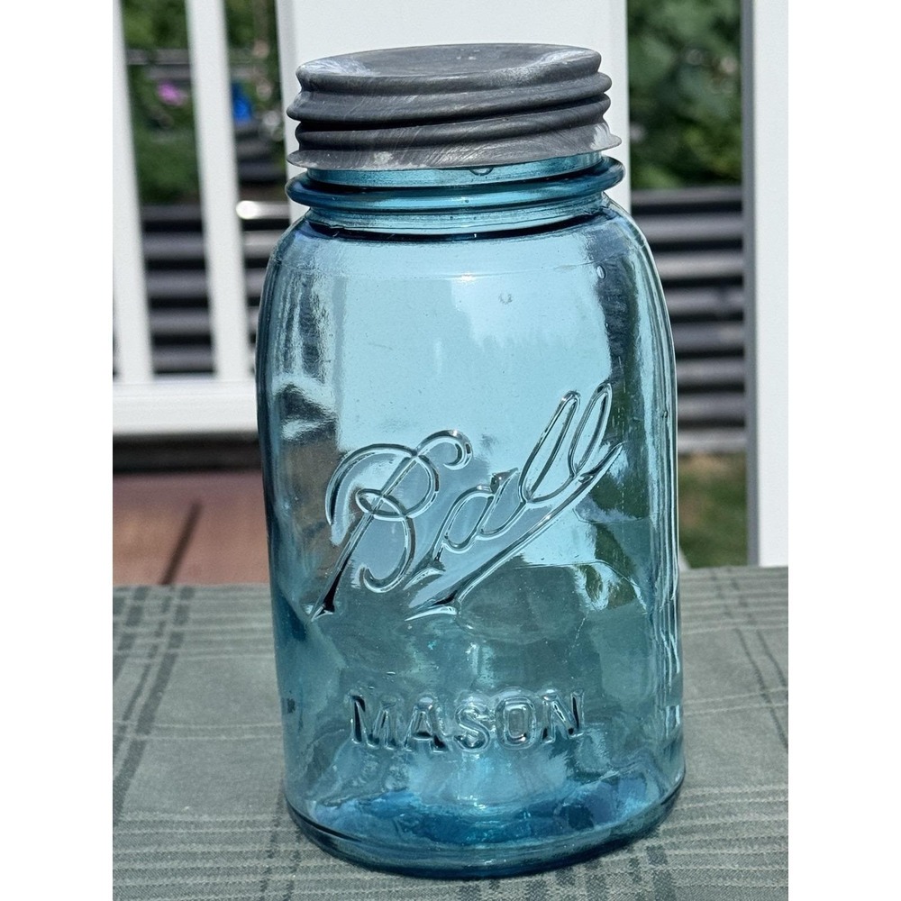 Antique Ball Drop A Mason Aqua Glass Quart Jar Zinc Porcelain Lid 1910-1923 #102